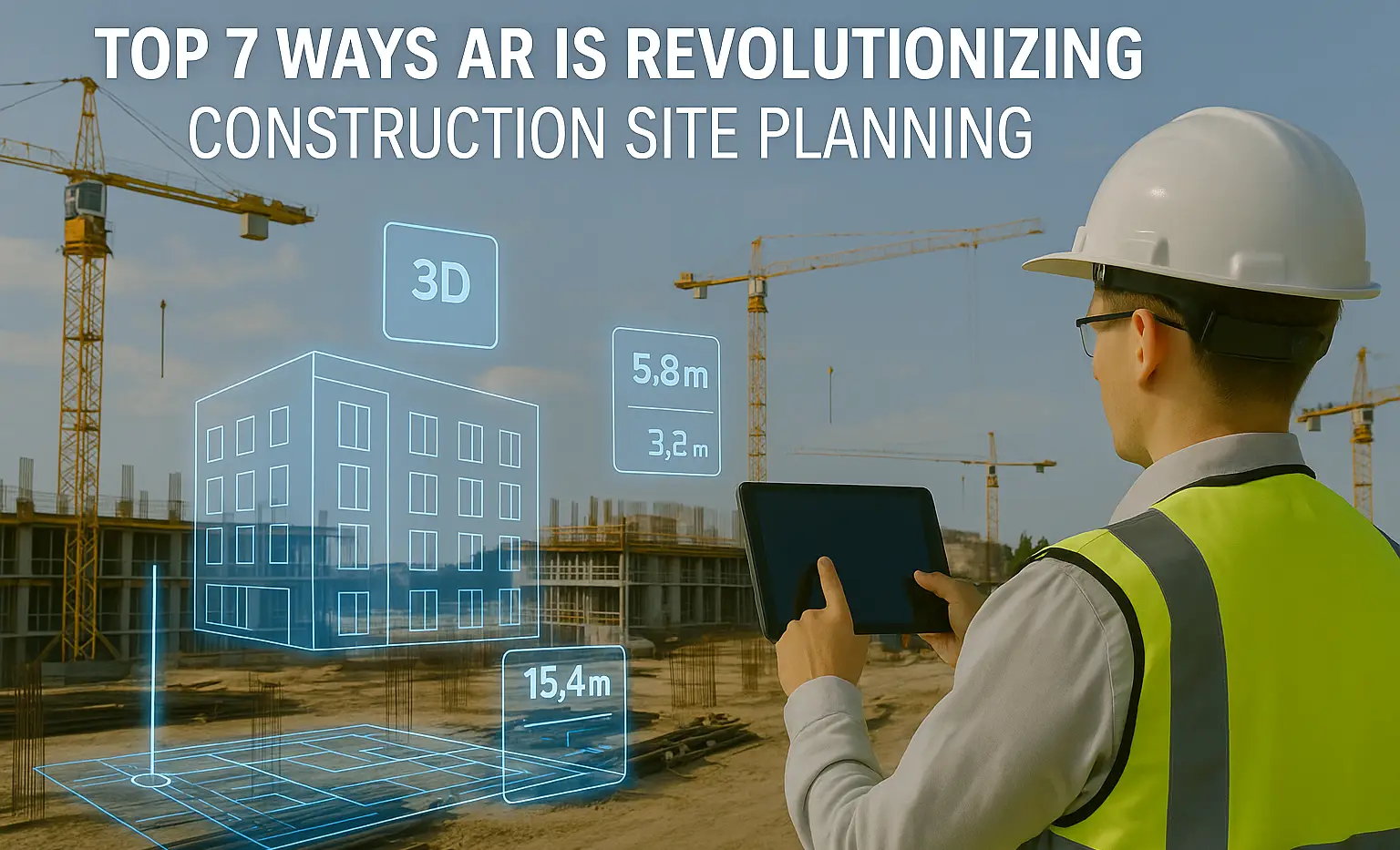 Engineers using augmented reality smart helmets to view real-time 3D blueprints at a construction site