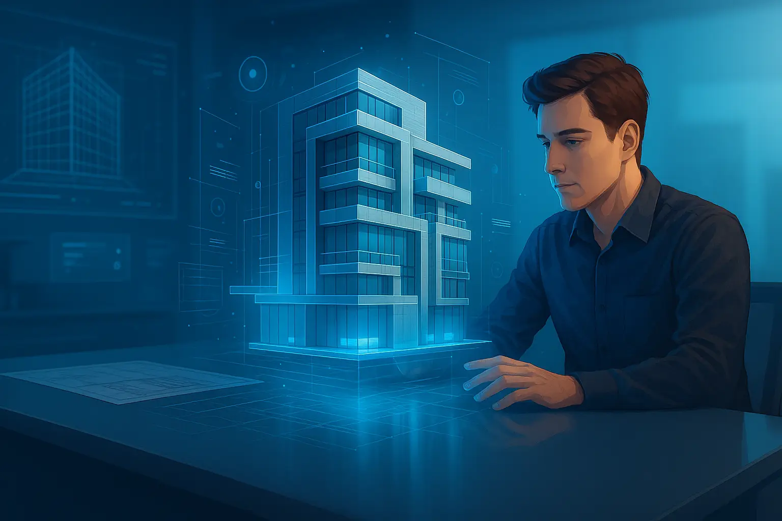 Futuristic 3D visualization of a modern building as a hologram, with a young architect interacting in a digital office environment, representing advanced architectural design technologies.