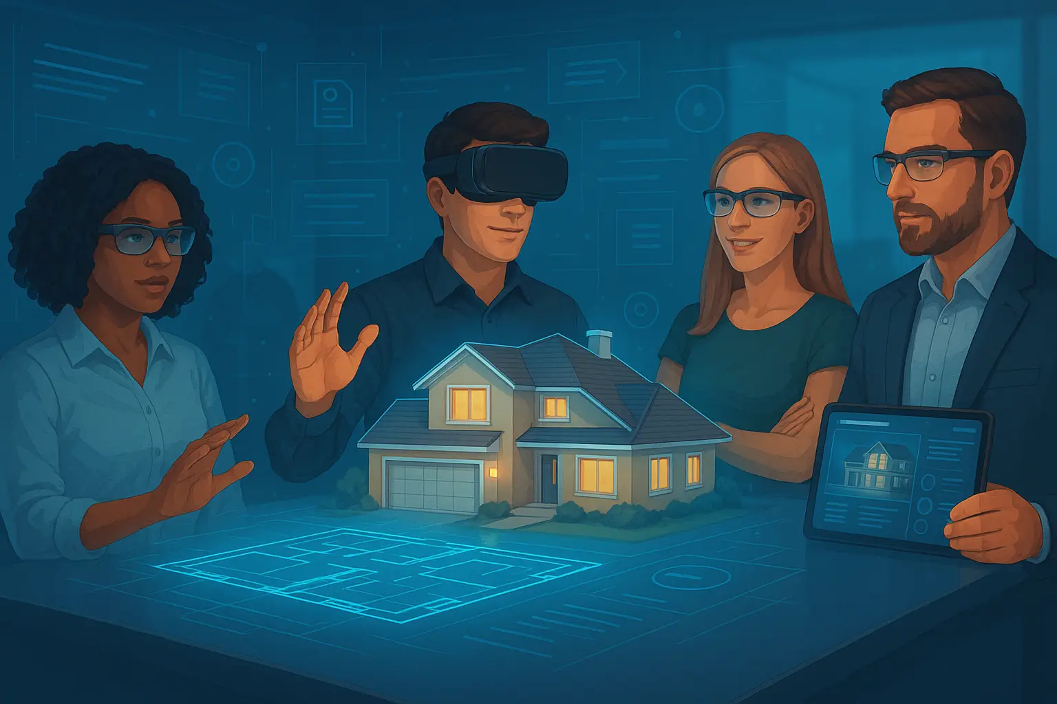 Four people using AR and VR to interact with a 3D house model in a real estate setting, surrounded by holographic blueprints and property data