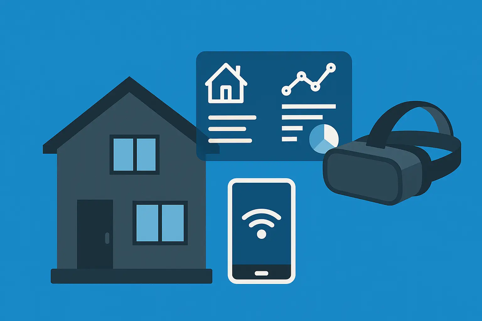 AR and VR technology for real estate: digital illustration featuring a smart home, virtual reality headset, wireless smartphone, and property data dashboard
