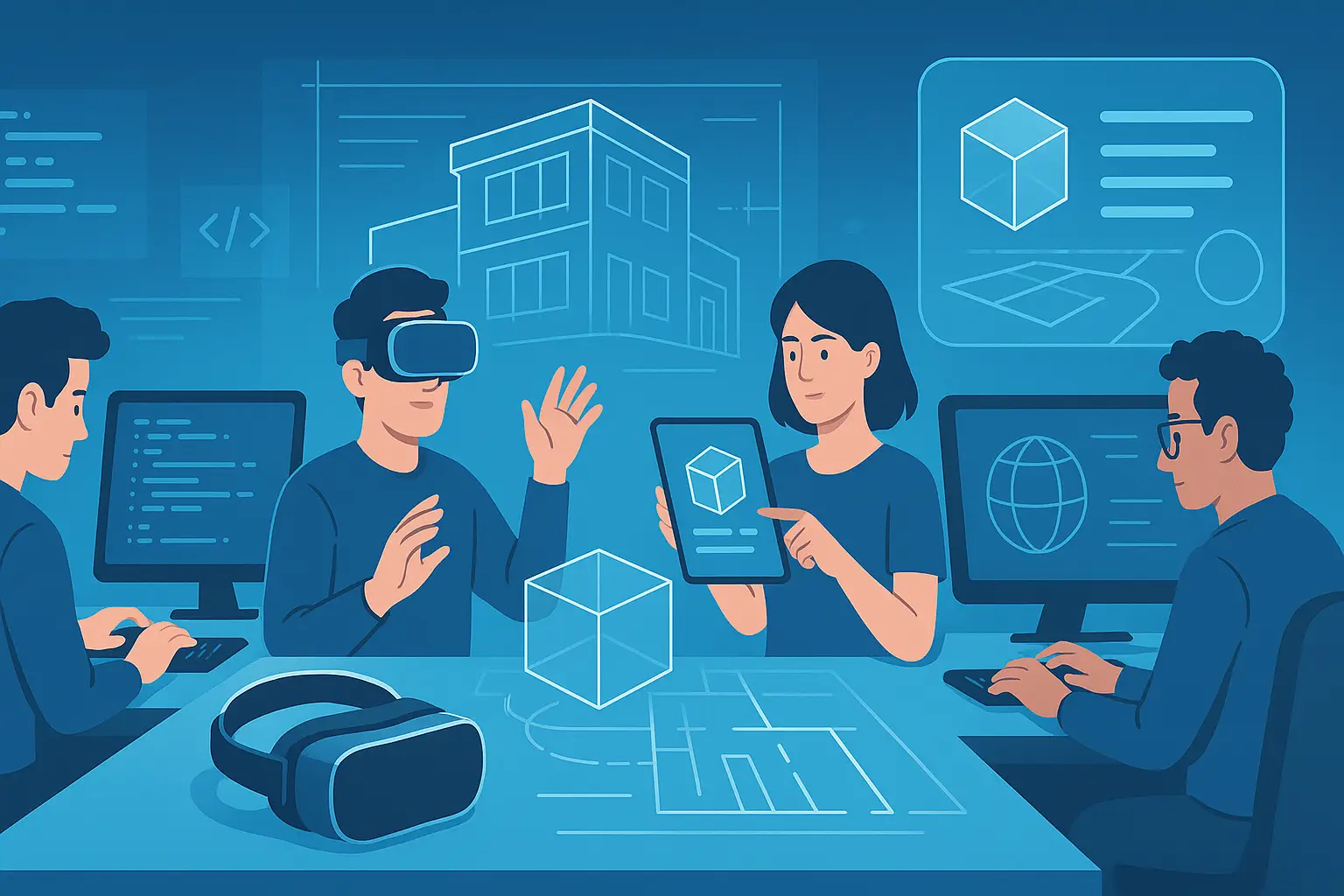 AR and VR technology development: digital illustration featuring tech professionals working with holographic augmented reality and virtual reality interfaces, VR headsets, and 3D models